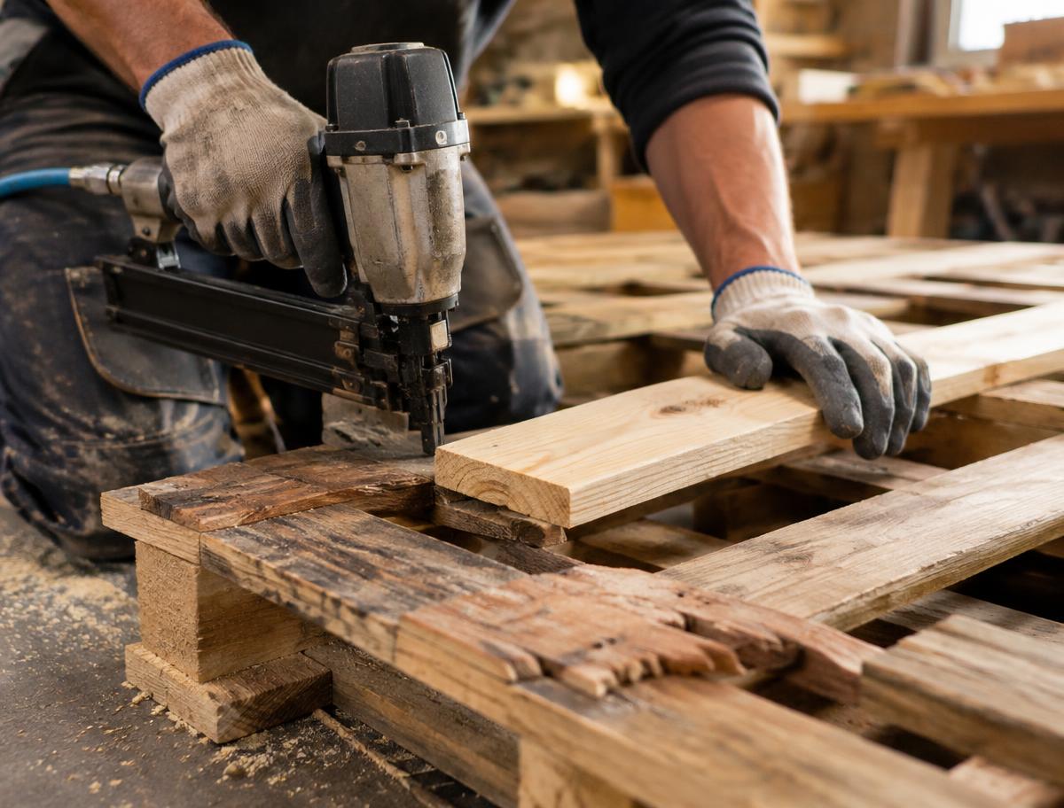 Réparation d'une palette dans notre atelier